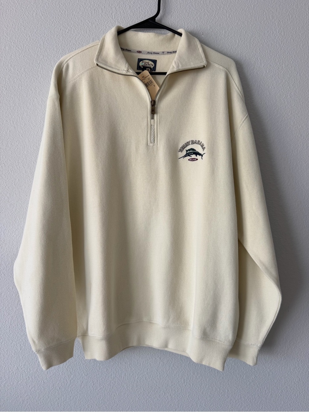 Tommy Bahama Relax Quarter Zip Pullover Sweater Mens M Cream Cotton Marlin NWT